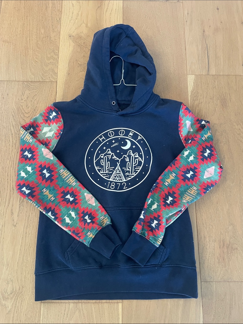 Boys Hooey Navy Hooded Sweatshirt with Aztec Print Sleeves